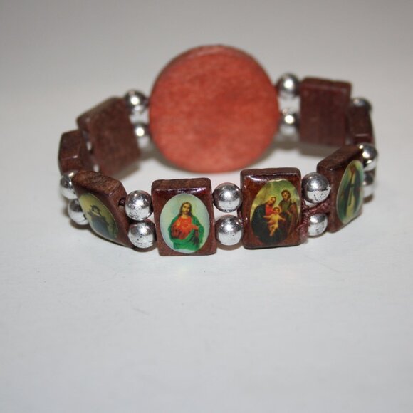 Vintage wooden and silver Mother Mary Catholic Bracelet 7" - Picture 2 of 4